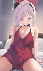 Rule 34 | 1girl, black hairband, blue archive, blush, breasts, closed mouth, cowboy shot, dress, goldowl, grey hair, hairband, halo, highres, indoors, long hair, looking at viewer, mutsuki (blue archive), mutsuki (dress) (blue archive), official alternate costume, pointy ears, purple eyes, red dress, red halo, sleeveless, sleeveless dress, small breasts, smile, solo, thighs