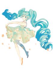 Rule 34 | 1girl, bare arms, bare shoulders, blue eyes, blue hair, blush, breasts, collarbone, colored eyelashes, curly hair, dot nose, dress, eyelashes, floating, floating hair, floral print, flower, full body, hair between eyes, happy, hatsune miku, highres, knees together feet apart, long hair, orange flower, run (sweettimehappy), short dress, sidelocks, simple background, skirt hold, sleeveless, sleeveless dress, small breasts, smile, soles, solo, thighhighs, twintails, very long hair, vocaloid, white background, white dress, white thighhighs