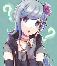 Rule 34 | 1girl, :o, ?, aqua background, aqua eyes, aqua hair, black jacket, black sleeves, braid, braided ponytail, chin piercing, commentary request, detached sleeves, facial mark, flower, fubuki clockford, gloves, grey gloves, hair flower, hair ornament, highres, hood, hood down, hooded jacket, index finger raised, jacket, jewelry, long hair, master detective archives: rain code, necklace, open clothes, open jacket, piercing, pink flower, sleeveless, sleeveless jacket, solo, toyatopa, twitter username, very long hair