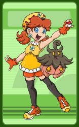 Rule 34 | 1girl, blues, breasts, brown hair, creatures (company), earrings, flower earrings, full body, game freak, gen 6 pokemon, gloves, gym leader, hat, highres, jewelry, looking at viewer, mario (series), nintendo, pantyhose, poke ball, pokemon, pokemon (creature), princess daisy, pumpkaboo, shorts, smile, super mario bros. 1, super mario land, tomboy, twintails