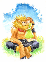 Rule 34 | 00s, 1boy, 1girl, abs, animal ears, barefoot, belt, belt buckle, biceps, blonde hair, blue eyes, blush, brown hair, buckle, cecily, claws, closed eyes, closed mouth, cuddling, digimon, digimon (creature), digimon tamers, dress, ear piercing, facing another, full body, fur, grass, green dress, hair ornament, hair tie, hand on another&#039;s head, hand up, happy, hug, indian style, jewelry, katou juri, kneeling, laughing, leomon, lion, mane, medium hair, muscular, muscular male, necklace, nipples, on grass, on ground, on lap, on person, one eye closed, open mouth, outdoors, pants, pectorals, piercing, shirt, short sleeves, side ponytail, sitting, sitting on lap, sitting on person, size difference, smile, traditional media