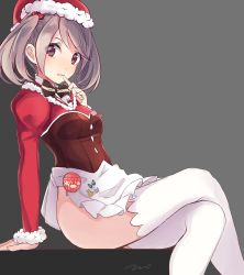 Rule 34 | 10s, 1girl, alternate costume, artist name, bow, bowtie, breasts, corset, crossed legs, finger to mouth, from side, grey background, hat, highres, kantai collection, long sleeves, no panties, purple eyes, purple hair, santa hat, sazanami (kancolle), simple background, sitting, solo, tebi (tbd11), thighhighs, twintails, white thighhighs