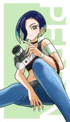 Rule 34 | 1girl, absurdres, armband, bare shoulders, blue hair, brown eyes, camera, character name, closed mouth, creatures (company), game freak, grey vest, highres, holding, holding camera, looking at viewer, mikan (mikan no happa), nintendo, perrin (pokemon), pokemon, pokemon sv, short hair, simple background, sitting, smile, solo, upper body, vest, watch, wristwatch
