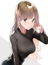 Rule 34 | 1girl, backlighting, black sweater, breasts, brown hair, collarbone, earrings, grin, tucking hair, hand up, highres, jewelry, long hair, looking at viewer, medium breasts, original, ribbed sweater, rinku (rin9), shiny clothes, simple background, smile, solo, stud earrings, sweater, upper body