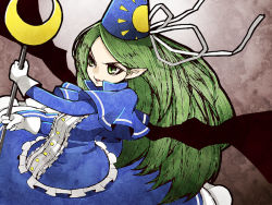 Rule 34 | 1girl, alioth (pixiv), arioto, capelet, crescent, dress, female focus, ghost, ghost tail, gloves, green eyes, green hair, hat, long hair, matching hair/eyes, mima (touhou), pointy ears, ribbon, solo, staff, touhou, touhou (pc-98), wings, wizard hat