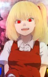 Rule 34 | 1girl, arms behind back, blonde hair, blue background, breasts, collared shirt, fangs, flandre scarlet, gradient background, hair bobbles, hair ornament, head tilt, highres, looking at viewer, no headwear, nose, open mouth, pink background, red eyes, red vest, shirt, short sleeves, side ponytail, slit pupils, small breasts, smile, solo, teeth, terimayo, tongue, touhou, upper body, vest, white shirt, wings