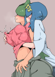 Rule 34 | 2girls, blue hair, blue pants, blush, breasts, breath, brown background, closed eyes, clothes lift, covered erect nipples, creatures (company), dark-skinned female, dark skin, game freak, grabbing, grabbing another&#039;s breast, grabbing from behind, green hair, grey shorts, hairband, hand under clothes, hand under shirt, lana (pokemon), large breasts, mallow (pokemon), multiple girls, nintendo, nipple stimulation, nipple tweak, nose blush, open mouth, pants, parted lips, pink shirt, pokemon, pokemon (anime), pokemon sm (anime), shirt, shirt lift, short hair, shorts, simple background, t-shirt, trial captain, twintails, umonebi, white shirt, yuri