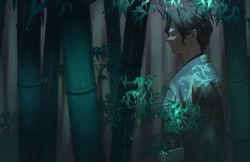 Rule 34 | 1boy, absurdres, bamboo, bamboo forest, black hair, blurry, closed mouth, depth of field, forest, from side, frown, highres, japanese clothes, kibutsuji muzan, kimetsu no yaiba, kimono, looking away, male focus, moguro (qianchul), nature, night, obi, profile, rain, red eyes, sash, short hair, solo, upper body