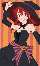 Rule 34 | 1girl, adjusting clothes, adjusting headwear, arm up, bare shoulders, black dress, black hat, bow, commentary, dress, dress bow, drill hair, grin, halloween, hat, highres, jack-o&#039;-lantern, kasane teto, large hat, looking at viewer, medium hair, orange background, red eyes, red hair, shoulder tattoo, smile, solo, standing, strapless, strapless dress, striped, striped background, tattoo, twin drills, upper body, utau, witch, witch hat, yasutange