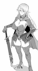 Rule 34 | 1girl, ahoge, belt, breasts, cape, cleavage, covered navel, elf, fan no hitori, gloves, greyscale, high heels, highres, large breasts, long hair, looking at viewer, monochrome, original, pointy ears, solo, sword, thighhighs, weapon