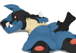 Rule 34 | 1boy, agemono, ass, ass grab, creatures (company), disembodied limb, furry, furry male, game freak, gen 4 pokemon, looking back, lucario, lying, male focus, nintendo, pawpads, pokemon, pokemon (creature), simple background, solo, spikes, thigh grab, white background