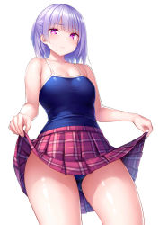 Rule 34 | bare arms, blue one-piece swimsuit, blunt bangs, breasts, clothes lift, competition school swimsuit, cowboy shot, from below, highres, looking at viewer, medium breasts, one-piece swimsuit, original, pink eyes, plaid, plaid skirt, purple hair, school swimsuit, simple background, skirt, skirt lift, swimsuit, thick thighs, thighs, tsukumiya amane, white background