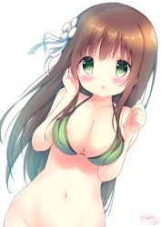 Rule 34 | 1girl, :o, amedamacon, areola slip, bikini, bikini top only, blunt bangs, bottomless, breasts, brown hair, cleavage, collarbone, commentary request, covered erect nipples, dutch angle, flower, gochuumon wa usagi desu ka?, green bikini, green eyes, groin, hair flower, hair ornament, highres, large breasts, long hair, looking at viewer, navel, open mouth, out-of-frame censoring, ribbon, sidelocks, signature, simple background, solo, stomach, swimsuit, ujimatsu chiya, upper body, white background, white flower, white ribbon