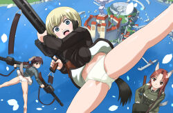 Rule 34 | 3girls, animal ears, ass, blonde hair, blue eyes, blush, breasts, brown hair, castle, closed mouth, crotch, crotch seam, dog ears, dog girl, dog tail, erica hartmann, flying, gertrud barkhorn, gun, holding, holding weapon, hosoinogarou, island, long hair, looking at viewer, looking back, military uniform, minna-dietlinde wilcke, multiple girls, navel, open mouth, orange eyes, outdoors, panties, red hair, rifle, short hair, small breasts, smile, spread legs, strike witches, tail, thighs, twintails, underwear, uniform, weapon, white panties, world witches series