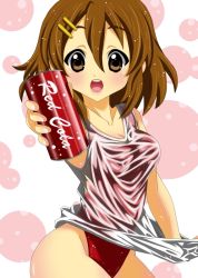 Rule 34 | 1girl, baretto, baretto (firearms 1), brown eyes, brown hair, can, cola, drink can, highleg, highleg swimsuit, hirasawa yui, k-on!, one-piece swimsuit, red one-piece swimsuit, shirt, short hair, soda can, swimsuit, wet, wet clothes, wet shirt