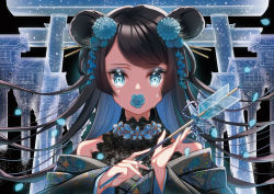 Rule 34 | 1girl, absurdres, aqua eyes, arrow (projectile), bad id, bad pixiv id, bare shoulders, bell, black background, black hair, black kimono, blue flower, blue hair, blue nails, blue ribbon, commentary request, covered mouth, crying, crying with eyes open, double bun, eyelashes, fingernails, floral print, flower, hair bun, hair ornament, hamaya, highres, holding, holding arrow, japanese clothes, jingle bell, kimono, kimono pull, ktm, lantern, long fingernails, long hair, long sleeves, looking at viewer, multicolored hair, nail polish, off shoulder, original, petals, print kimono, ribbon, simple background, solo, swept bangs, tears, torii, two-tone hair, upper body, very long hair