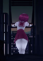 Rule 34 | 1girl, against railing, android, arm support, ass, bare legs, bl/ess, building, cityscape, colored skin, commentary, dorothy haze, from behind, hairband, head tilt, high-waist skirt, indoors, joints, leaning, night, open window, pale skin, puffy short sleeves, puffy sleeves, railing, red hair, red skirt, robot joints, sailor collar, shirt, short hair, short sleeves, skirt, solo, va-11 hall-a, white hairband, white shirt, white skin, window