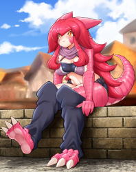 Rule 34 | 1girl, barefoot, belt, breasts, claws, cleavage, cloud, day, dragon girl, full body, hotpants, large breasts, leg warmers, lizard tail, long hair, monster girl, nenbuta, orange eyes, original, outdoors, pink scales, red hair, reptile girl, scales, short shorts, shorts, sitting, sky, solo, tail, village, wall