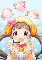 Rule 34 | 1girl, :d, bell, blue background, blush, brown eyes, brown hair, chibi, cowbell, crop top, earrings, fake horns, flower, goma konbu, hair ornament, hair ribbon, hakozaki serika, hands up, highres, horns, idolmaster, idolmaster million live!, idolmaster million live! theater days, imagining, jewelry, long hair, looking at viewer, microphone, open mouth, pink ribbon, ribbon, scrunchie, sheep, sheep horns, smile, solo, star (symbol), thought bubble, twintails