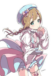 Rule 34 | 1girl, aqua eyes, baba konomi, blush, braid, brown hair, character name, cowboy shot, dot nose, dress, expressionless, eyelashes, frilled dress, frilled sleeves, frills, hand on own chin, idolmaster, idolmaster million live!, idolmaster million live! theater days, kuresuku (lessons), long hair, long sleeves, looking at viewer, looking to the side, official alternate costume, parted bangs, parted lips, pink ribbon, pink skirt, ribbon, sidelocks, simple background, single braid, skirt, solo, white background, white dress, wind, wind lift