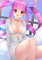 Rule 34 | 1girl, :d, absurdres, arms behind back, bare legs, bed sheet, bikini, blue sky, blunt bangs, blush, bow, breasts, choker, cleavage, cloud, collarbone, colored inner hair, curly hair, grey jacket, hair bow, halterneck, highres, hololive, huge filesize, jacket, large breasts, long hair, long sleeves, looking at viewer, medium breasts, minato aqua, multicolored hair, on bed, open mouth, purple bow, purple eyes, purple hair, sitting, sky, smile, solo, striped bikini, striped clothes, swimsuit, twintails, virtual youtuber, window, yoruhoshi owl, | |
