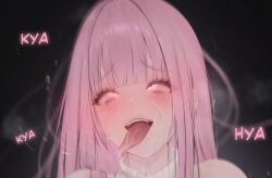 Rule 34 | 1girl, ahegao, black background, blunt bangs, blush, from side, highres, hololive, hololive english, looking at viewer, mori calliope, open mouth, pink hair, prab, red eyes, solo, teeth, tongue, tongue out, turtleneck, upper teeth only, virtual youtuber