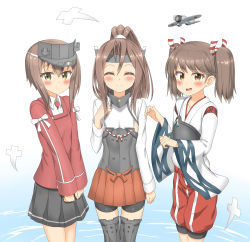 Rule 34 | absurdres, brown hair, cosplay, costume switch, flat chest, hair ribbon, highres, japanese clothes, kantai collection, kariginu, muneate, nedia (nedia region), ponytail, ribbon, ryuujou (kancolle), ryuujou (kancolle) (cosplay), taihou (kancolle), taihou (kancolle) (cosplay), trait connection, twintails, visor cap, zuihou (kancolle) (cosplay), zuihou (kancolle)