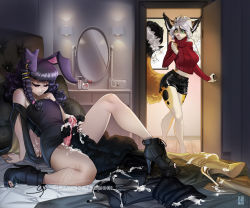 Rule 34 | 1boy, 1girl, animal ears, aomori, rabbit ears, caught, cum, cum on clothes, detached sleeves, dress, furry, high heels, mirror, noire (apipapi), short dress, shorts, surprised, tagme, trap, walk-in, yoonia