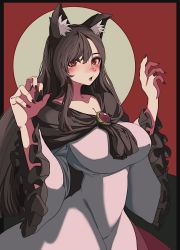 Rule 34 | 1girl, animal ears, arms up, black border, blush, border, breasts, brooch, brown hair, claw pose, dress, frilled sleeves, frills, ghostship55, highres, imaizumi kagerou, jewelry, large breasts, long hair, long sleeves, looking at viewer, nose blush, open mouth, red background, red eyes, simple background, solo, touhou, white dress, wide sleeves, wolf ears
