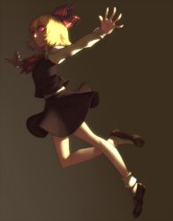 Rule 34 | 1girl, ascot, bad id, bad twitter id, blonde hair, bow, full body, glowing, glowing eyes, hair bow, hair ornament, highres, horizon (sushi0126), long sleeves, looking at viewer, mary janes, outstretched arms, puffy sleeves, red eyes, rumia, shirt, shoes, short hair, simple background, skirt, skirt set, socks, solo, touhou, vest, white socks