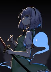 Rule 34 | 1girl, black background, black bow, black bowtie, black hairband, blue eyes, bow, bowtie, cowboy shot, from side, ghost, green skirt, green vest, grey hair, hairband, highres, holding, holding sword, holding weapon, konpaku youmu, konpaku youmu (ghost), looking at viewer, pocche-ex, shirt, short hair, short sleeves, simple background, skirt, solo, standing, sword, touhou, vest, weapon, white shirt