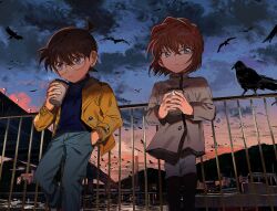Rule 34 | 1boy, 1girl, against railing, ahoge, bird, black-framed eyewear, black hair, blue eyes, blue shirt, boat, bridge, brown hair, buttons, child, city lights, closed mouth, cloud, coffee cup, crow, cup, disposable cup, edogawa conan, glasses, grey jacket, haibara ai, hair between eyes, hand in pocket, high collar, highres, holding, holding cup, jacket, lamppost, long sleeves, looking to the side, meitantei conan, outdoors, pants, railing, segami, shirt, short hair, standing, sunset, turtleneck, watercraft, yellow jacket