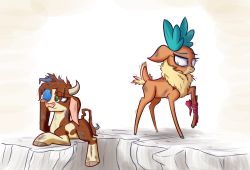 Rule 34 | arizona, blue eyes, calf, cliff, covering one eye, deer, green eyes, heir-of-rick, horns, injury, looking at another, no humans, them&#039;s fighting herds, velvet (them&#039;s fighting herds)