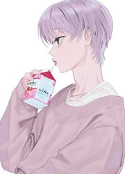 Rule 34 | 1girl, absurdres, brown eyes, closed mouth, commentary, drink, drinking straw, drinking straw in mouth, gu gu o3o, highres, holding, holding drink, jewelry, long sleeves, milk carton, mole, mole under mouth, necklace, original, profile, purple hair, purple sweater, shirt, short hair, simple background, sleeves past wrists, solo, strawberry milk, sweater, symbol-only commentary, upper body, white background, white shirt