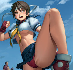 Rule 34 | 1boy, 1girl, arm at side, ascot, bare legs, black hair, blue sailor collar, blue sky, breasts, brown eyes, brown hair, clenched hand, commentary request, converse, crop top, crop top overhang, cropped shirt, day, fighting stance, fingerless gloves, gloves, hand up, headband, hibiki dan, highres, kasugano sakura, lasterk, leg up, long hair, looking afar, looking at another, medium breasts, midriff, navel, no bra, open mouth, panties, pantyshot, pleated skirt, ponytail, puffy short sleeves, puffy sleeves, red panties, revision, sailor collar, school uniform, serafuku, shoes, short hair, short sleeves, skirt, sky, smile, sneakers, solo focus, standing, stomach, street fighter, street fighter zero (series), thighs, thumbs up, toned, underboob, underwear, upper body