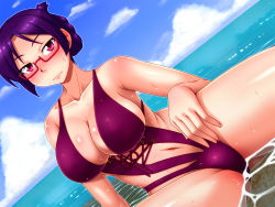 Rule 34 | 10s, 1girl, breasts, casual one-piece swimsuit, cloud, day, dutch angle, folded ponytail, glasses, highres, large breasts, navel, nokoppa, one-piece swimsuit, partially submerged, pink eyes, purple hair, red-framed eyewear, ridget (suisei no gargantia), semi-rimless eyewear, short hair, sky, solo, spread legs, suisei no gargantia, swimsuit, under-rim eyewear, wet