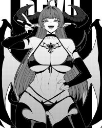 Rule 34 | 1girl, absurdres, ahoge, bikini, blunt bangs, breasts, bridal gauntlets, chest tattoo, choker, collarbone, cowboy shot, demon girl, demon horns, demon tail, demon wings, fangs, gluteal fold, greyscale, hand on own hip, heart, highres, horns, large breasts, long hair, looking at viewer, mole, mole under eye, monochrome, narrowed eyes, navel, open mouth, original, pointy ears, solo, swimsuit, tail, tattoo, teeth, thighhighs, tongue, v, wings, yones81239278