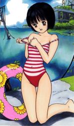 Rule 34 | 1girl, ai-ren, ai (ai-ren), barefoot, black hair, brown eyes, clothes pull, day, innertube, kneeling, non-web source, one-piece swimsuit, one-piece swimsuit pull, outdoors, pulling own clothes, short hair, solo, strap slip, striped clothes, striped one-piece swimsuit, swim ring, swimsuit, tanaka yutaka, thigh gap, thighs, undressing, water