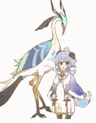 Rule 34 | 1girl, aged down, bell, bird, blue hair, blush, cape, child, cloud retainer (genshin impact), crane (animal), dress, ganyu (genshin impact), ganyu (young) (genshin impact), genshin impact, highres, hood, hood down, hooded cape, horns, looking at viewer, nanase (nanataroo 7), official alternate costume, parted lips, purple eyes, simple background, standing, xianyun (genshin impact)