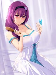 Rule 34 | 1girl, artist name, black hairband, blue dress, blush, breasts, brushing hair, brushing own hair, bug, butterfly, butterfly on hand, cleavage, closed mouth, collarbone, commentary, commission, dress, english commentary, flower, hair flower, hair ornament, hair over shoulder, hairband, hands up, insect, kauru00, large breasts, long hair, looking at viewer, mole, mole under eye, original, purple eyes, purple hair, sitting, smile, solo, two-tone dress, white dress