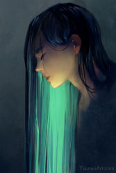 Rule 34 | 1girl, closed eyes, closed mouth, commentary, english commentary, from side, green hair, highres, lips, long hair, original, portrait, profile, solo, speedpaint, watermark, web address, yuumei