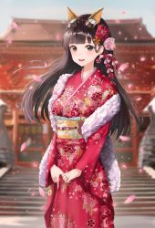 Rule 34 | 1girl, absurdres, black hair, blush, cherry blossoms, floral print, flower, goggles, goggles on head, granblue fantasy, hair flower, hair ornament, highres, japanese clothes, jessica (granblue fantasy), jewelry, kimono, long hair, looking at viewer, new year, obi, outdoors, petals, ring, sash, smile, solo, wakum, wide sleeves