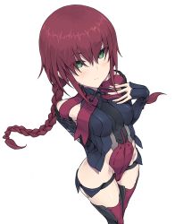 Rule 34 | 1girl, alice gear aegis, blush, braid, covered navel, fujino yayoi, green eyes, hand on own chest, kazuoki, leotard, looking at viewer, red hair, simple background, solo, standing, thighhighs, white background