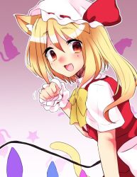 Rule 34 | 1girl, :d, abe suke, animal ears, blonde hair, bow, bowtie, brown eyes, cat ears, cat tail, flandre scarlet, from side, hair between eyes, hat, hat bow, highres, kemonomimi mode, looking at viewer, mob cap, open mouth, short sleeves, sidelocks, smile, solo, star (symbol), tail, touhou, upper body, white bow, white hat, yellow bow, yellow bowtie