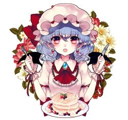 Rule 34 | 1girl, bat wings, blue hair, ginzuki ringo, hat, hat ribbon, image sample, looking at viewer, open mouth, puffy short sleeves, puffy sleeves, red eyes, red ribbon, remilia scarlet, resolution mismatch, ribbon, short hair, short sleeves, solo, source larger, touhou, wings, wrist cuffs