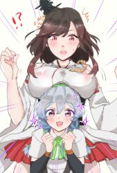 Rule 34 | !?, 10s, 2girls, ^^^, black hair, breast rest, breasts, breasts on head, covered erect nipples, hair ornament, hairband, japanese clothes, kantai collection, large breasts, long hair, multiple girls, nontraditional miko, open mouth, red eyes, school uniform, see-through, shime, short hair, silver hair, smile, surprised, yamagumo (kancolle), yamashiro (kancolle)