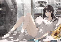 Rule 34 | 1girl, bare legs, black hair, blue eyes, bookshelf, commentary request, flower, from side, jewelry, kodamazon, lamp, long hair, looking at viewer, lying, necklace, on back, original, shirt, short sleeves, solo, sunflower, white shirt