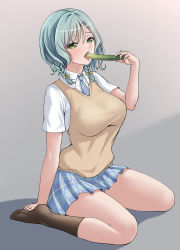 Rule 34 | 1girl, absurdres, aqua hair, arm at side, bang dream!, blue necktie, blue skirt, blush, bow, braid, breasts, brown socks, brown sweater vest, collared shirt, commentary request, cucumber, diagonal-striped clothes, diagonal-striped necktie, food, full body, gradient background, green eyes, grey background, hair between eyes, hair bow, hand up, haneoka school uniform, highres, hikawa hina, holding, holding food, kneehighs, korean commentary, large breasts, licking, looking at viewer, medium hair, miniskirt, mixed-language commentary, necktie, no shoes, open mouth, plaid, plaid skirt, pleated skirt, ptal, saliva, school uniform, sexually suggestive, shadow, shirt, side braids, sitting, skirt, socks, soles, solo, striped clothes, striped necktie, sweater vest, teeth, thighs, tongue, tongue out, twin braids, upper teeth only, wariza, white shirt, yellow bow