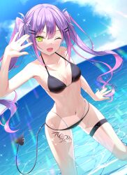 Rule 34 | 1girl, absurdres, bikini, black bikini, breasts, demon tail, fang, green eyes, hair ornament, hairclip, highres, hololive, leg tattoo, long hair, looking at viewer, medium breasts, multicolored hair, navel, navel piercing, ocean, one eye closed, open mouth, piercing, pink hair, purple hair, shimo (shimo332215), smile, solo, stomach, streaked hair, swimsuit, tail, tattoo, thigh strap, tokoyami towa, twintails, virtual youtuber