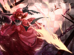Rule 34 | 1girl, alternate color, bat wings, chain, chaos1402, fang, female focus, grin, hat, m.u.g.e.n, red eyes, red hair, red theme, remilia scarlet, short hair, skirt, skirt set, smile, solo, spear the gungnir, touhou, wings, wrist cuffs